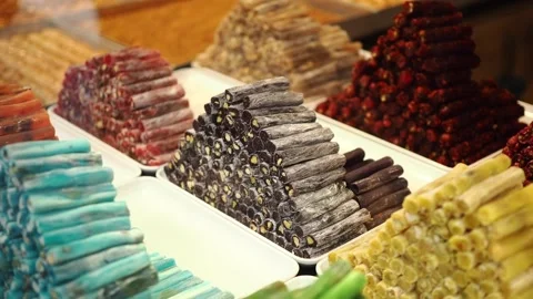 Assorted Turkish Delight Sweets Displayed in a Market Stock Footage 339316153