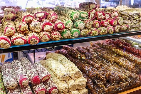 Assorted Turkish delights on a display Stock Photos