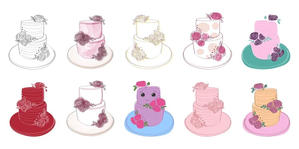 Assorted types of cakes on white background Stock Illustration