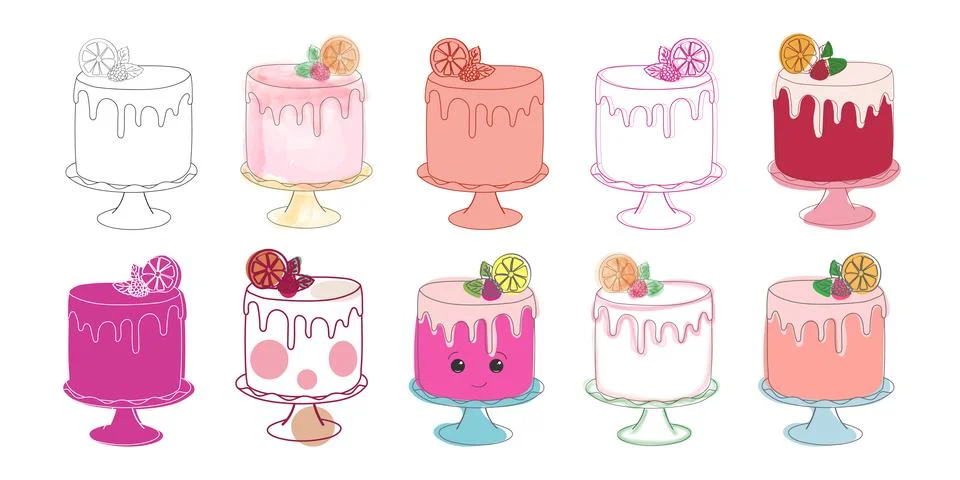 Assorted types of cakes on a white background Stock Illustration