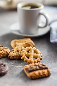 Assorted various cookies. Sweet biscuits on kitchen table. Stock Photos