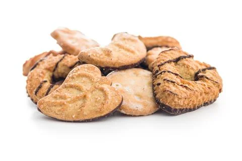 Assorted various cookies. Sweet biscuits isolated on white background. Stock Photos