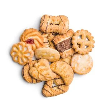 Assorted various cookies. Sweet biscuits isolated on white background. Stock Photos