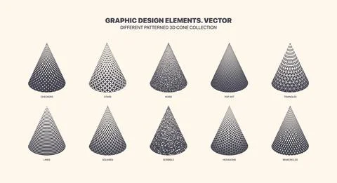Assorted Various Patterned 3D Cones Vector Set Isolated On White Background 库存插图