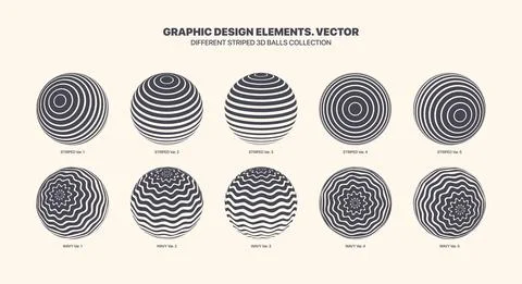 Assorted Various Striped Vector 3D Ball With Straight And Wavy Lines Pattern Set Stock Illustration