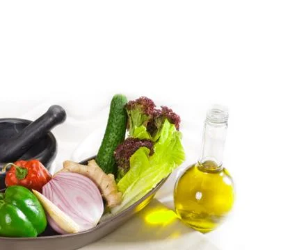 Assorted vegetables and extra virgin olive oil Stock Photos