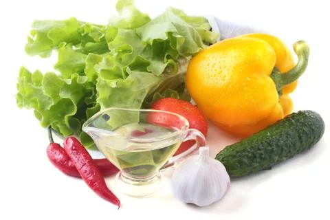 Assorted vegetables, fresh bell pepper, tomato, chilli pepper, cucumber, olive Stock Photos