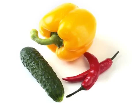 Assorted vegetables, fresh bell pepper, tomato, chilli pepper, cucumber and Stock Photos