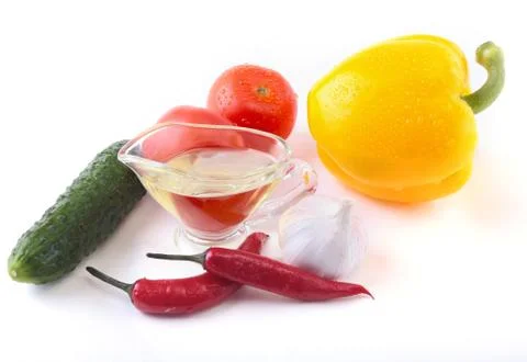 Assorted vegetables, fresh bell pepper, tomato, chilli pepper, cucumber, olive Stock Photos