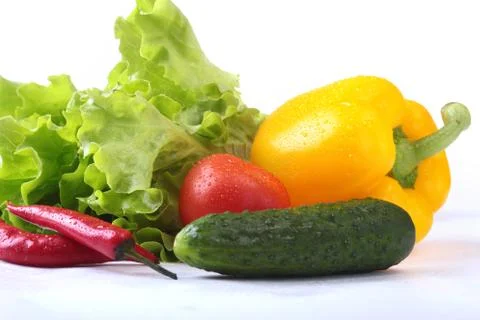 Assorted vegetables, fresh bell pepper, tomato, chilli pepper, cucumber and Stock Photos