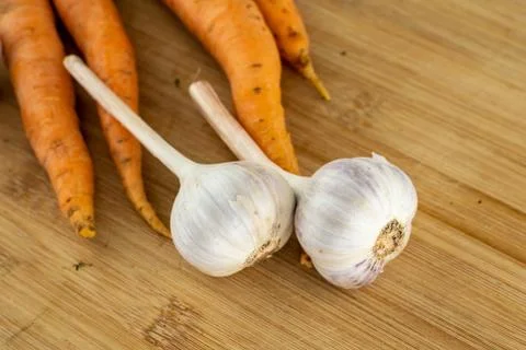 Assorted vegetables a pair of large white head of garlic on a background Stock Photos