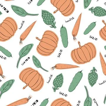Assorted vegetables seamless pattern with pumpkin, carrotm spinach and artichoke Stock Illustration
