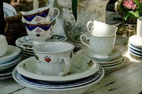 Assorted Vintage Tea Cups and Saucers at Outdoor Flea Market 写真素材