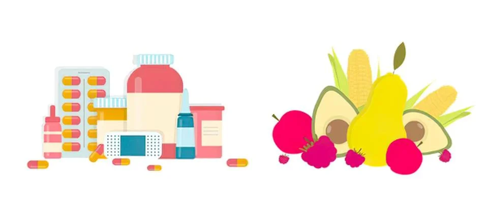 Assorted vitamins supplements and fresh fruits on white Stock Illustration