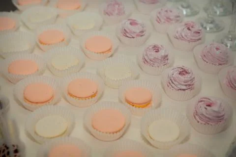 Assorted white and pink macaroons and pink sugar powdered zephyr in rows on t 스톡 사진