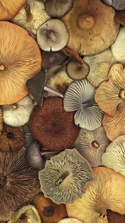 Assorted Wild Mushrooms Flat Lay Pattern Background Vertical Video Stock Footage 343793356