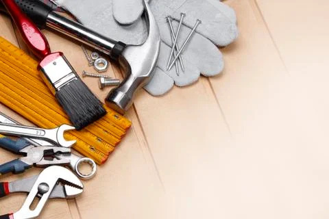 Assorted work tools. Copy space Stock Photos