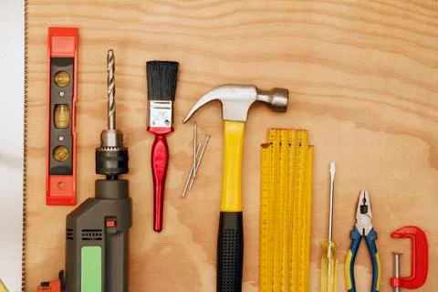 Assorted work tools on wood Stock Photos