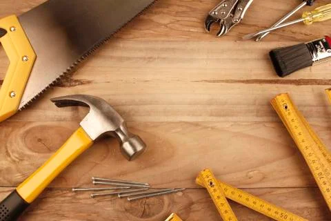 Assorted work tools on wood Stock Photos