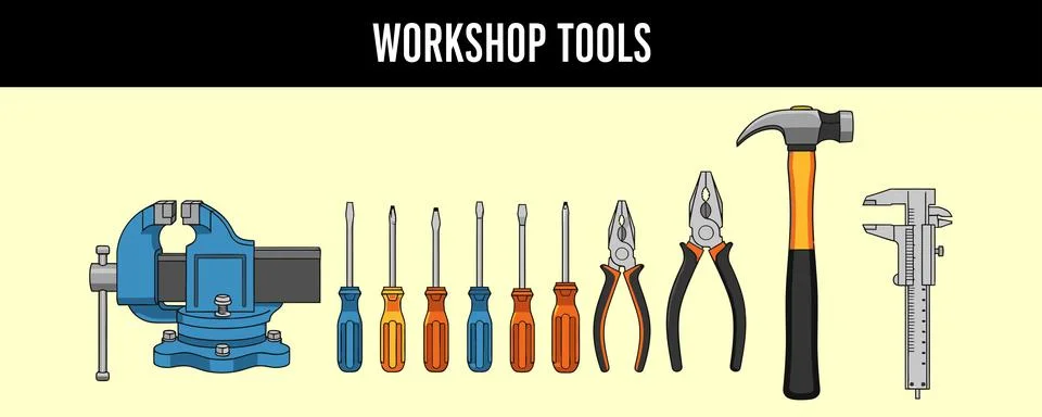 Assorted workshop tools laid out against a light background bundle design Stock Illustration