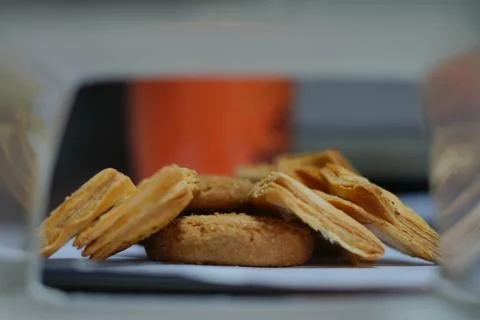 Assortment of baked biscuits and flaky pastry snacks for a sweet breakfast 스톡 사진