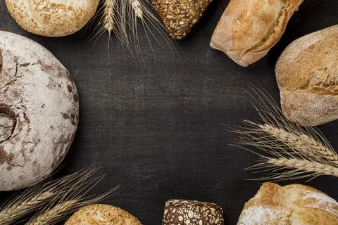 Assortment of baked bread with copy space. High quality photo Stock Photos
