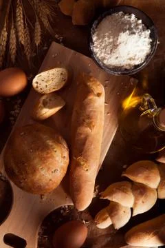 Assortment of baked bread on table Foto stock