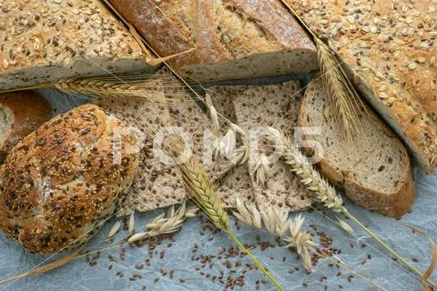 Assortment of baked goods on paper. Freshly of bakery products. View from abo Stock Photos