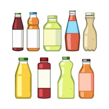 Assortment of beverage bottles featuring fruit juices and refreshing drinks Stock Illustration