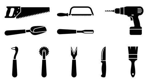 Assortment of black silhouette tools and implements on white background. イラスト素材