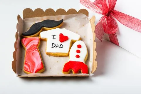 Assortment box of handmade cookies as a gift for father's day Stock Photos