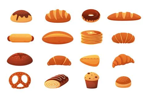 Assortment bread. Bakery isolated elements, fresh bun, wheat loaf and baguett イラスト素材