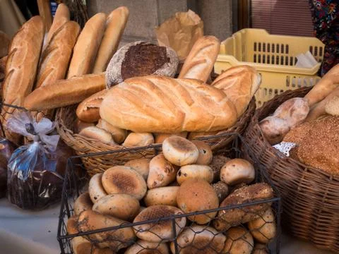 Assortment of bread in the shop.  Different fresh bread on market. Stock Photos