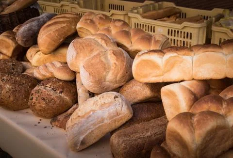 Assortment of bread in the shop.  Different fresh bread on market. Stock-Fotos
