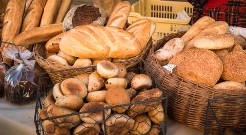 Assortment of bread in the shop.  Different fresh bread on market. Stock Photos