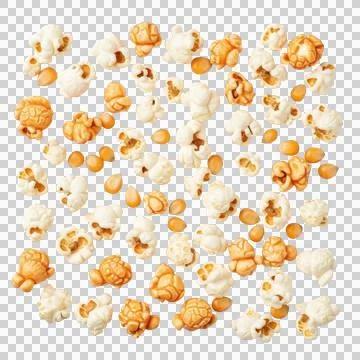 Assortment of caramel and plain popcorn kernels scattered on black snack food Stock-Illustration