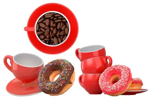 Assortment of coffee cups in various colors with frosted donuts, isolated on  Stock Illustration