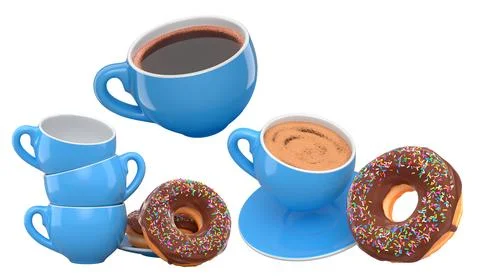 Assortment of coffee cups in various colors with frosted donuts, isolated on  Stock Illustration