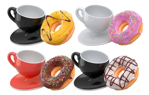 Assortment of coffee cups in various colors with frosted donuts, isolated o.. Stock Illustration