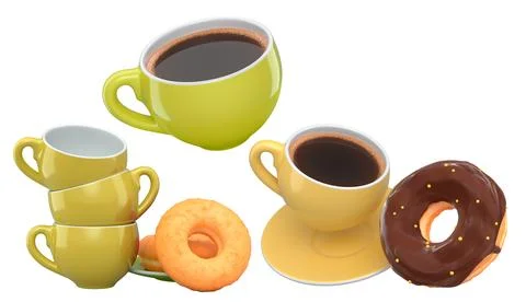 Assortment of coffee cups in various colors with frosted donuts, isolated on  Stock Photos