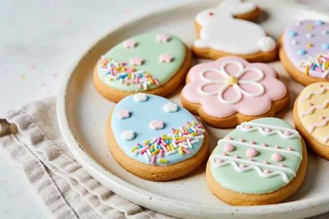 Assortment of colorful Easter egg and bunny shaped sugar cookies on a plate Stock Photos