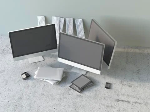 Assortment of computer screens, keyboards, laptops tablets and smartphones, 3D Illustrazione stock