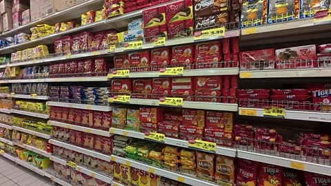 Assortment of Crackers and Biscuits on Supermarket Shelves Stock Footage 318724648