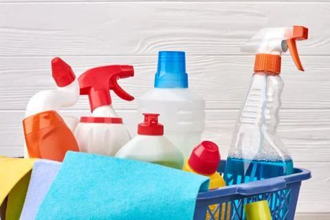 Assortment of detergents in laundry basket. Stock Illustration