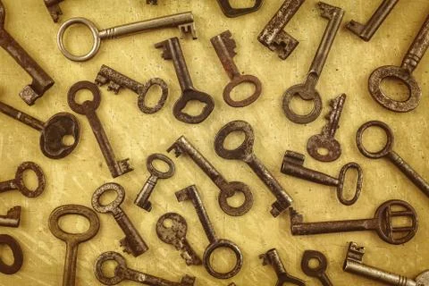 Assortment of different antique keys Stock Photos