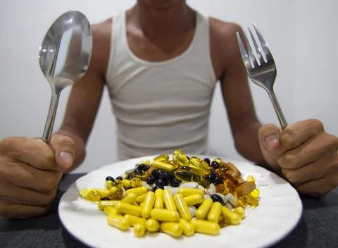 An assortment of different sized pills, vitamins, and supplements on a plate. Stock Photos