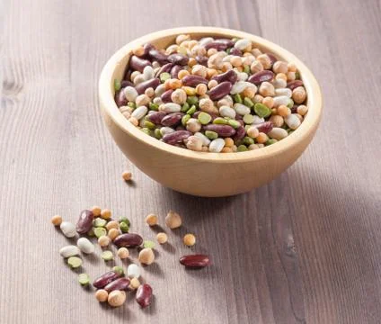 Assortment of different types of beans - red beans, chickpeas, peas Stock Photos