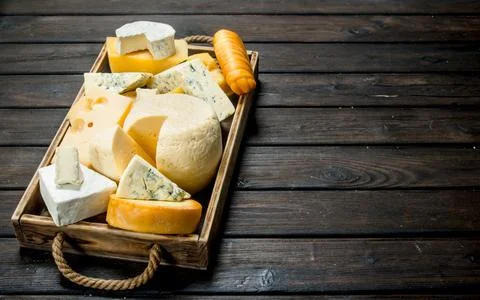 Assortment of different types of cheese on the tray. Stock Photos