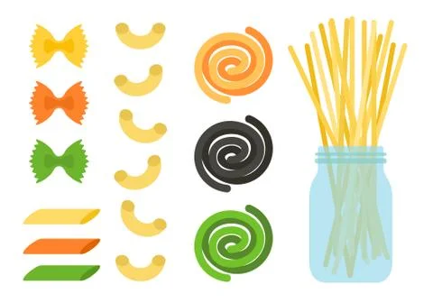 Assortment dry pasta types flat design vector illustration. Stock Illustration