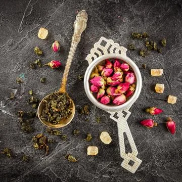 Assortment of dry tea with tea Stock Photos